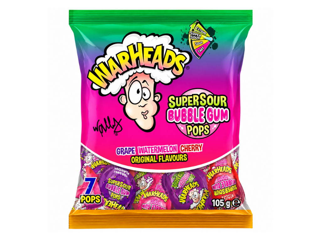 Warheads Super Sour Bubble Gum Pops 105g – Saure Lutscher mit Kaugummikern