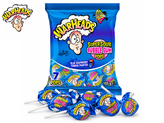 Warheads Super Sour Bubble Gum Pops Blue Raspberry 105g – Saure Lutscher mit Kaugummikern