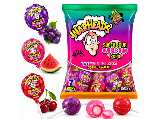 Warheads Super Sour Bubble Gum Pops 105g – Saure Lutscher mit Kaugummikern
